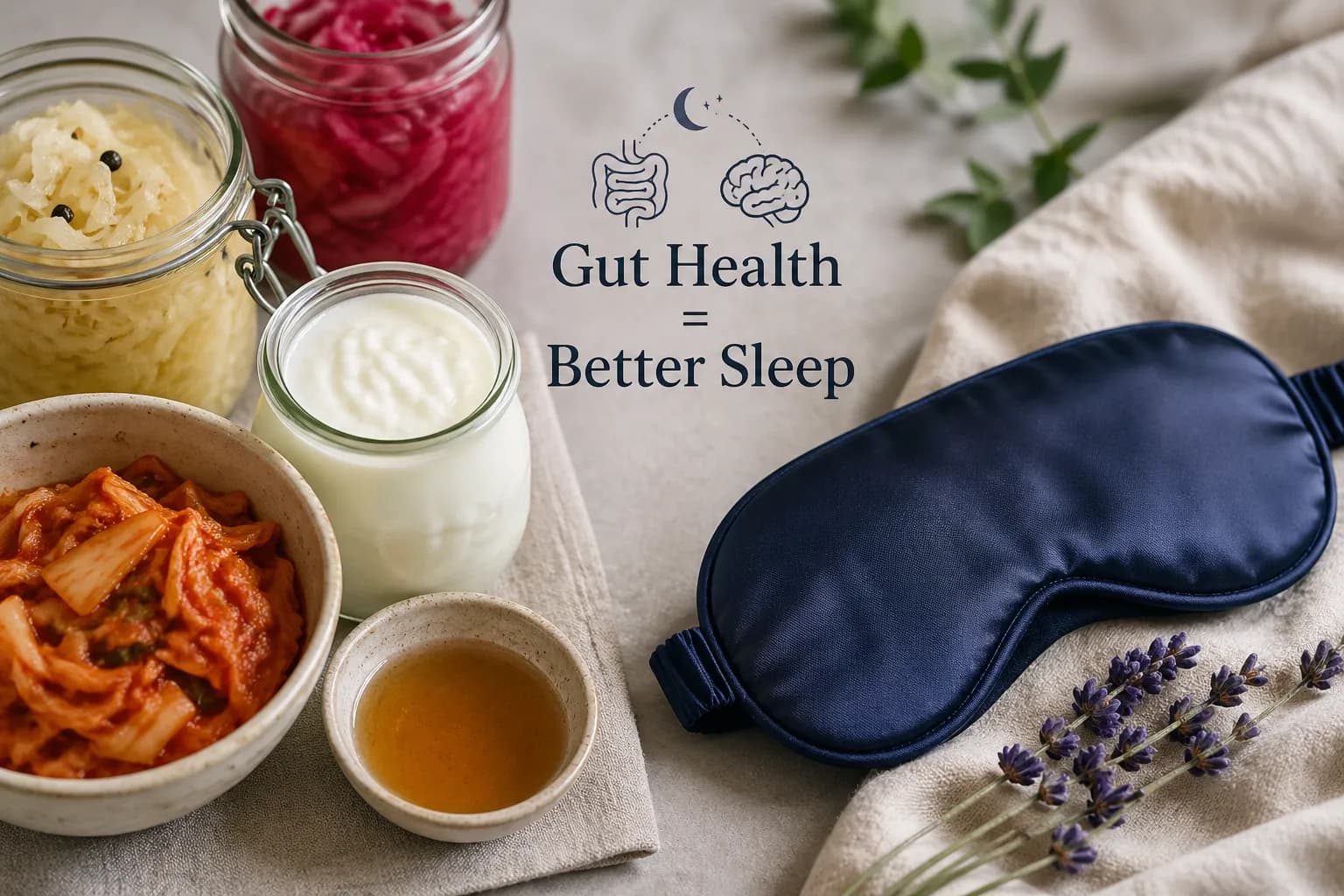 Close-up of fermented foods and a sleep mask side by side, illustrating the gut-sleep connection